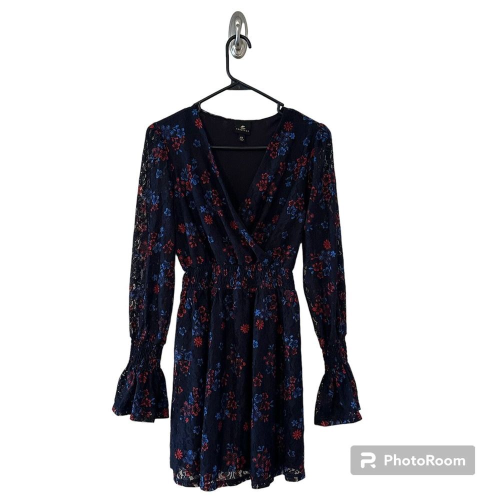 Disney Princess Juniors Blue Empire‎ Mulan Red Floral Long Sheer Sleeve Dress XS